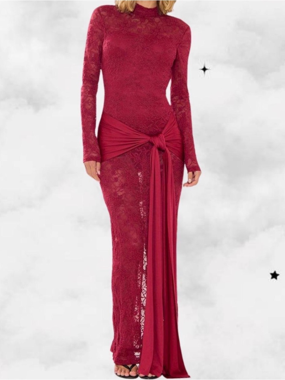 Red Lace Mesh Long Sleeve High Neck Sheer Maxi Dress